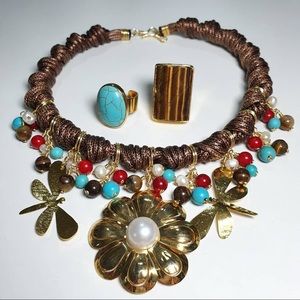LEATHER RED & TURQUOISE PENDANT CHOKER